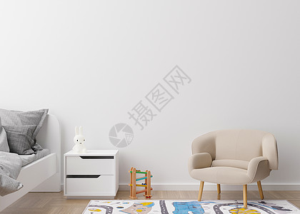 现代儿童房的空白墙 模拟现代风格的室内装饰 自由空间 为您的图片 文字或其他设计复制空间 床 扶手椅 玩具 舒适的儿童房 3D 图片