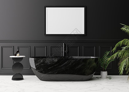 现代和豪华浴室黑墙上的空水平相框 模拟经典风格的内饰 自由空间 为您的图片 海报复制空间 浴室 桌子 手掌 3D 渲染图片
