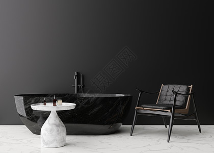 现代和豪华浴室的空黑墙 模拟经典风格的内饰 自由空间 为您的图片 文字或其他设计复制空间 浴室 桌子 扶手椅 3D 渲染图片