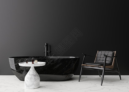 现代和豪华浴室的空黑墙 模拟经典风格的内饰 自由空间 为您的图片 文字或其他设计复制空间 浴室 桌子 扶手椅 3D 渲染背景图片