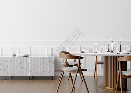 现代餐厅的空白墙 模拟现代风格的室内装饰 自由空间 为您的图片 文字或其他设计复制空间 带椅子的餐桌 镶木地板 3D 渲染建筑学图片