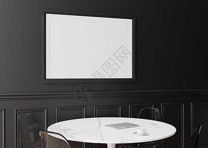 现代餐厅黑墙上的空相框 模拟经典风格的内饰 自由空间 为您的图片 文字或其他设计复制空间 桌子 椅子 3D 渲染图片