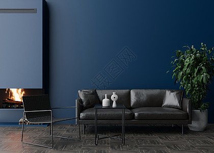 现代客厅里空荡荡的深蓝色墙壁 模拟现代风格的室内装饰 图片 海报的自由空间 真皮沙发 扶手椅 壁炉 植物 3D 渲染背景图片