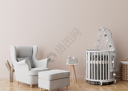现代儿童房的空奶油墙 模拟斯堪的纳维亚风格的内饰 为您的图片 海报免费复制空间 婴儿床 扶手椅 花瓶中的蒲苇 舒适的儿童房 3D图片