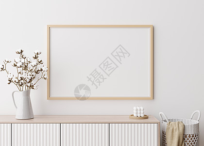 现代客厅白墙上的空水平相框 以极简主义 现代风格模拟室内装饰 您的图片 海报的可用空间 控制台 棉花厂 3D 渲染图片