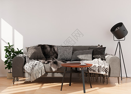 现代客厅的空白墙 模拟现代风格的室内装饰 为您的图片 海报 文本或其他设计提供免费复制空间 沙发 桌子 台灯 植物 3D 渲染图片