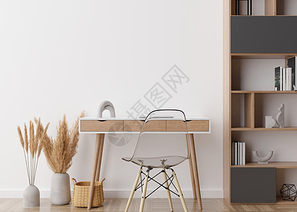 现代家庭办公室的空白墙 模拟斯堪的纳维亚 波西米亚风格的室内装饰 自由空间 为您的图片 复制空间 书桌 椅子 蒲苇 藤篮 3图片