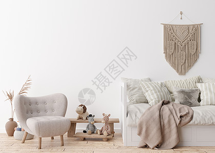 现代儿童房的空白墙 模拟斯堪的纳维亚 波西米亚风格的室内装饰 为您的图片 海报免费复制空间 床 干草 花瓶 花边 玩具 舒适的儿图片