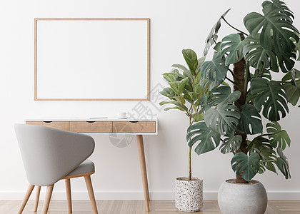 白色相框现代房间白墙上的空水平相框 模拟现代风格的室内装饰 自由空间 为您的图片 海报复制空间 书桌 椅子 植物 镶木地板 3D 渲染背景
