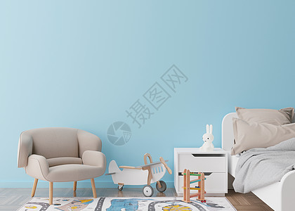 现代儿童房的空蓝墙 模拟现代风格的室内装饰 自由空间 为您的图片 文字或其他设计复制空间 床 扶手椅 玩具 舒适的儿童房 3D 背景图片