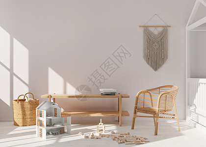现代儿童房的空白墙 模拟斯堪的纳维亚 波西米亚风格的室内装饰 为您的图片或海报复制空间 控制台 藤制扶手椅 玩具 花边 舒适的儿图片