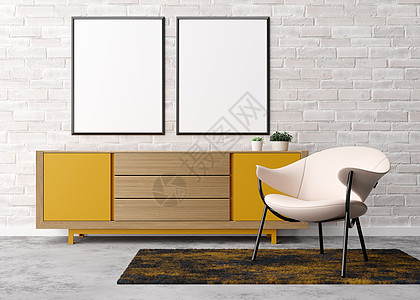 现代客厅白砖墙上的两个空垂直相框 模拟现代风格的室内装饰 图片 海报的自由空间 扶手椅 黄色餐具柜 植物 3D 渲染图片