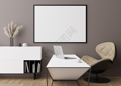 台灯海报现代房间棕色墙上的空水平相框 模拟现代风格的室内装饰 自由空间 为您的图片 海报复制空间 书桌 控制台 台灯 镶木地板 3D 渲背景