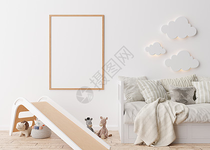 现代儿童房白墙上的空垂直相框 模拟斯堪的纳维亚风格的内饰 免费 为您的图片复制空间 床 滑梯 玩具 舒适的儿童房 3D 渲染图片