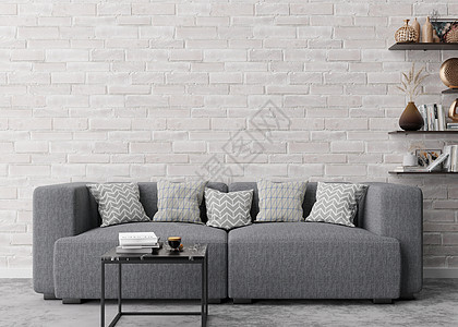 现代客厅的空白砖墙 模拟现代风格的室内装饰 自由空间 为您的图片 文字或其他设计复制空间 沙发 桌子 书架 3D 渲染图片