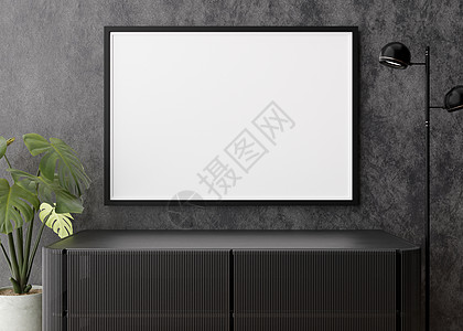 现代客厅黑墙上的空水平相框 模拟现代风格的室内装饰 为您的图片 海报免费复制空间 控制台 灯 龟背竹植物 3D 渲染图片