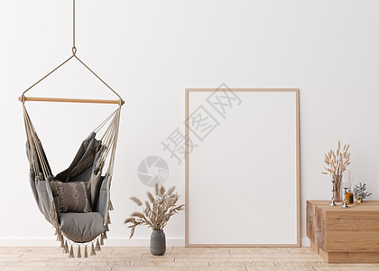 现代客厅的镶木地板上站立着空的垂直相框 模拟斯堪的纳维亚 波西米亚风格的室内装饰 图片的自由空间 有干草的花瓶 吊椅 3D 渲染图片