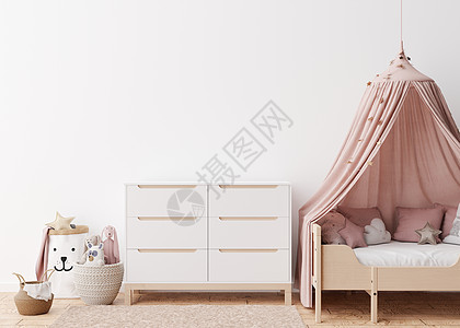 现代儿童房的空白墙 模拟斯堪的纳维亚风格的内饰 为您的图片 海报免费复制空间 床 控制台 藤篮 玩具 舒适的儿童房 3D 渲染背景图片
