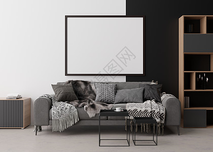 白色相框现代客厅白色和黑色墙壁上的空相框 模拟现代风格的室内装饰 自由空间 为您的图片 海报复制空间 沙发 桌子 3D 渲染背景