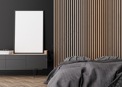 现代卧室黑墙上的空垂直相框 以极简主义 现代风格模拟室内装饰 自由空间 复制空间为您的图片 床 控制台 3D 渲染图片