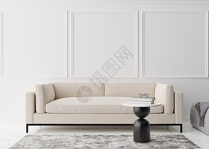 现代客厅里有装饰线条的空白墙 模拟现代风格的室内装饰 免费复制图片 海报 文本或其他设计的空间 沙发 桌子 地毯 3D 渲染背景图片
