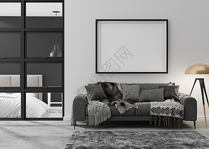现代客厅白墙上的空相框 模拟现代阁楼风格的室内装饰 为您的图片 海报免费复制空间 沙发 地毯 灯 水泥地板 3D 渲染图片