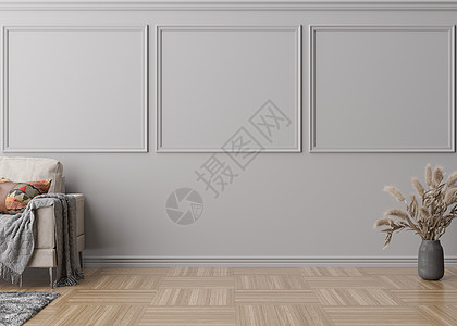 有镶木地板的室 有装饰线条的灰色墙壁和空的空间 沙发 花瓶 蒲苇 模拟室内 为您的家具 图片 装饰品和其他物品提供免费 复制空间图片