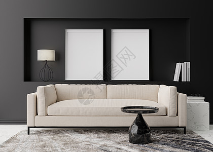 现代客厅黑墙上的两个空垂直相框 模拟现代风格的室内装饰 图片 海报的自由空间 沙发 桌子 地毯 3D 渲染图片