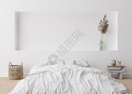 现代卧室的空白墙 模拟斯堪的纳维亚 波西米亚风格的室内装饰 免费复制您的图片 文本或其他设计的空间 床 藤篮 蒲苇 3D 渲染图片