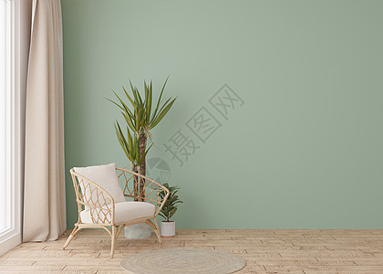 有镶木地板 浅绿色的墙壁和空的空间的室 藤制扶手椅 植物 模拟室内 为您的家具 图片 装饰品和其他物品提供免费 复制空间 3D 图片