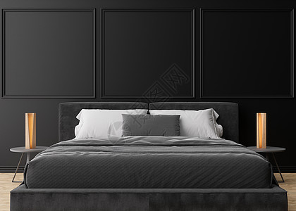 现代而舒适的卧室里空荡荡的黑墙 以极简主义 现代风格模拟室内装饰 自由空间 为您的图片 文字或其他设计复制空间 床 灯 3D 渲图片