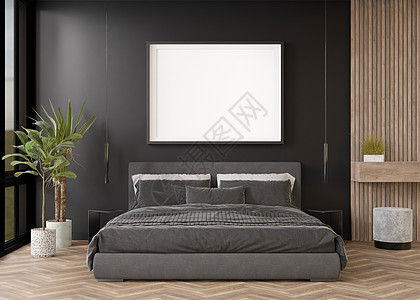现代卧室黑墙上的空相框 模拟现代风格的室内装饰 为您的图片 海报免费复制空间 床 植物 3D 渲染家具装饰小样房间水平3d嘲笑黑图片