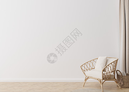 有镶木地板 白色墙壁和空的空间的室 藤制扶手椅 篮子 模拟室内 为您的家具 图片 装饰品和其他物品提供免费 复制空间 3D 渲染图片