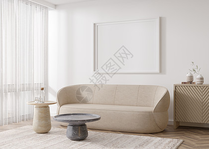 现代客厅白墙上的空水平相框 模拟现代斯堪的纳维亚风格的室内装饰 为您的图片 海报免费复制空间 沙发 地毯 桌子 3D 渲染图片