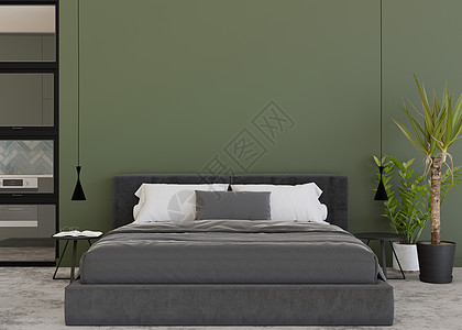 现代而舒适的卧室里空荡荡的绿色墙壁 模拟现代风格的室内装饰 免费复制您的图片 文本或其他设计的空间 床 植物 灯 3D 渲染图片
