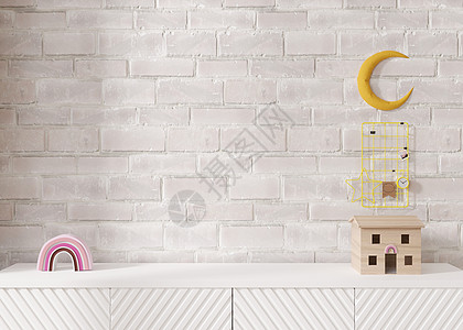 空的白色砖墙 以现代风格模拟儿童房内部 特写视图 为您的图片或其他小物件免费复制空间 餐具柜 玩具 3D 渲染 儿童房模型图片