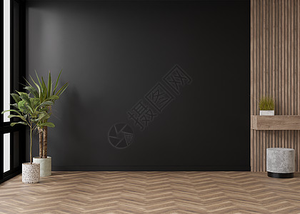 空荡荡的房间 黑色的墙壁和镶木地板 室内植物 模拟室内 免费复制您的家具 图片和其他物品的空间 3D 渲染图片