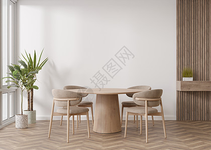 现代客厅的空白墙 模拟斯堪的纳维亚风格的内饰 免费复制您的图片 文本或其他设计的空间 桌子和椅子 植物 3D 渲染图片
