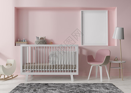 现代儿童房粉红色墙上的空垂直相框 模拟斯堪的纳维亚风格的内饰 为您的图片 海报免费复制空间 床 玩具 舒适的儿童房 3D 渲染图片