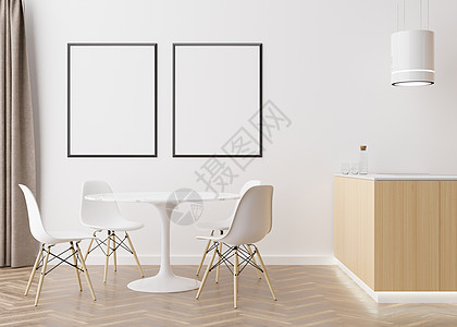 现代餐厅白墙上的两个空垂直相框 模拟现代斯堪的纳维亚风格的室内装饰 图片 海报的自由空间 桌子 椅子 3D 渲染图片