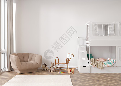 现代儿童房的空白墙 模拟斯堪的纳维亚风格的内饰 为您的图片或海报复制空间 床 扶手椅 玩具 藤制摇马 舒适的儿童房 3D 渲染背景图片