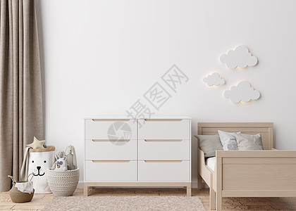 现代儿童房的空白墙 模拟斯堪的纳维亚风格的内饰 为您的图片或海报复制空间 床 餐具柜 玩具 舒适的儿童房 3D 渲染公寓极简孩子背景图片