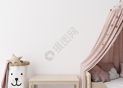现代儿童房的空白墙 模拟斯堪的纳维亚风格的内饰 为您的图片或海报复制空间 床 桌子 玩具 特写视图 舒适的儿童房 3D 渲染图片
