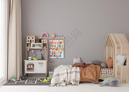 现代儿童房的空灰墙 模拟斯堪的纳维亚风格的内饰 为您的图片或海报复制空间 床 玩具 舒适的儿童房 3D 渲染房间卧室孩子们嘲笑艺图片