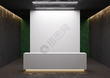 现代房间的白色接待柜台 墙壁很黑 酒店 水疗中心或办公室的空白登记台 接待处模拟品牌 徽标的复制空间 现代风格 3D 渲染站立奢图片
