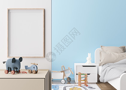 现代儿童房白墙上的空垂直相框 模拟现代斯堪的纳维亚风格的室内装饰 免费 复制图片空间 床 玩具 舒适的儿童房 3D 渲染图片