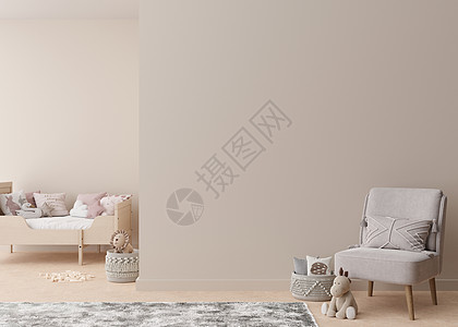 现代儿童房的空奶油墙 模拟斯堪的纳维亚风格的内饰 为您的图片或海报复制空间 床 扶手椅 玩具 舒适的儿童房 3D 渲染主义者极简背景图片