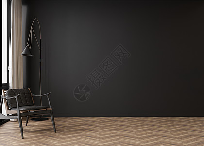 有镶木地板 黑墙壁和空的空间的室 扶手椅 台灯 模拟室内 为您的家具 图片 装饰品和其他物品提供免费 复制空间 3D 渲染图片