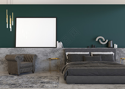 现代卧室绿色墙上的空水平相框 模拟现代风格的室内装饰 为您的图片 海报免费复制空间 床 地毯 灯 3D 渲染图片