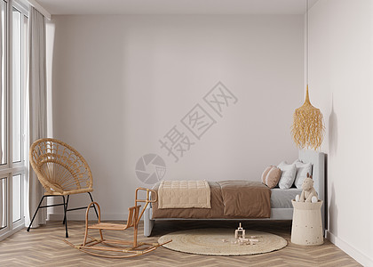 现代儿童房的空墙 模拟波西米亚风格的室内装饰 为您的图片或海报免费复制空间 床 藤椅 地毯 玩具 舒适的儿童房 3D 渲染图片